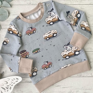 Donut Pullover grau beige, Kinder Pullover mit Autos, Baby Pullover Jungen und Mädchen, Shirt mit Knopfleiste, MakeArt Berlin, Größe 74-134
