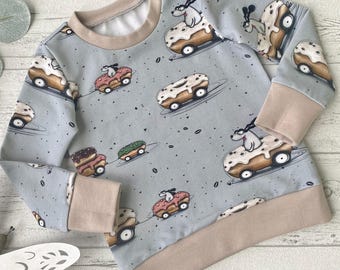 Children's Donut Car Sweater in Grey, Handmade Sweatshirt with Cars for Boys and Girls, Baby Sweater with Button Placket, Various Sizes