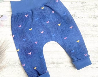 Baby Girls' Harem Pants Size 50-92 | Blue Cuffed Jeans-Look Pants with Hearts | Baggy Blue Denim Pants | Baby Gift
