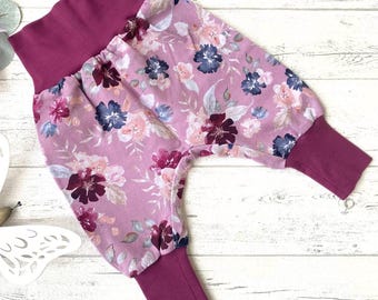 Baby harem pants, pink pants with floral motif, baby pants with cuffs, sweatpants for babies and children, sizes 50-104