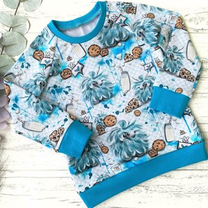 Krümelmonster Pullover blau, Cookie Monster Pullover Jungen und Mädchen, Kinder Sweatshirt Raglanärmel, Wunschgröße 68 - 146, MakeArt Berlin