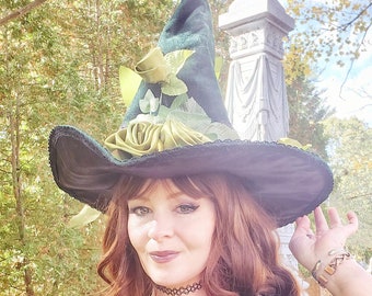 Velvet Green and Gold Ladies Wizard Garden Witch Fairy Hat Hand Sewn Ladies Velvet Celtic Green Fairy Wizard Witch Hat  main image 4