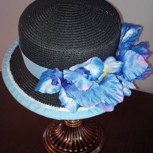 Black Straw and Blue Ribbon Flowers Boater Hat (Edwardian, Gatsby Party, Victorian, Flapper, 1920s, Lawn Party, Easter, Wedding, Gilded Age)
