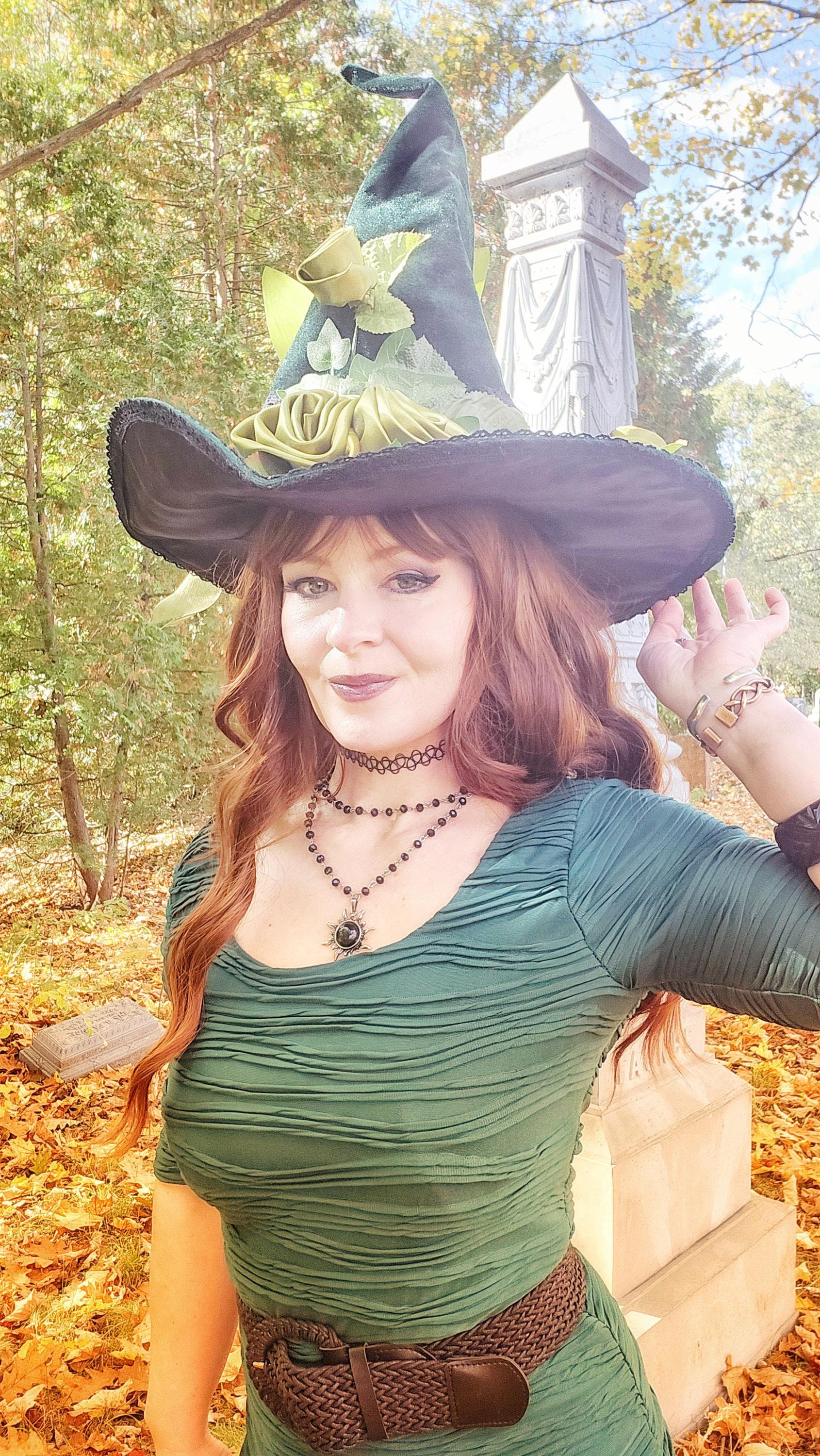 Hand Sewn Ladies Velvet Celtic Green Fairy Wizard Witch Hat 