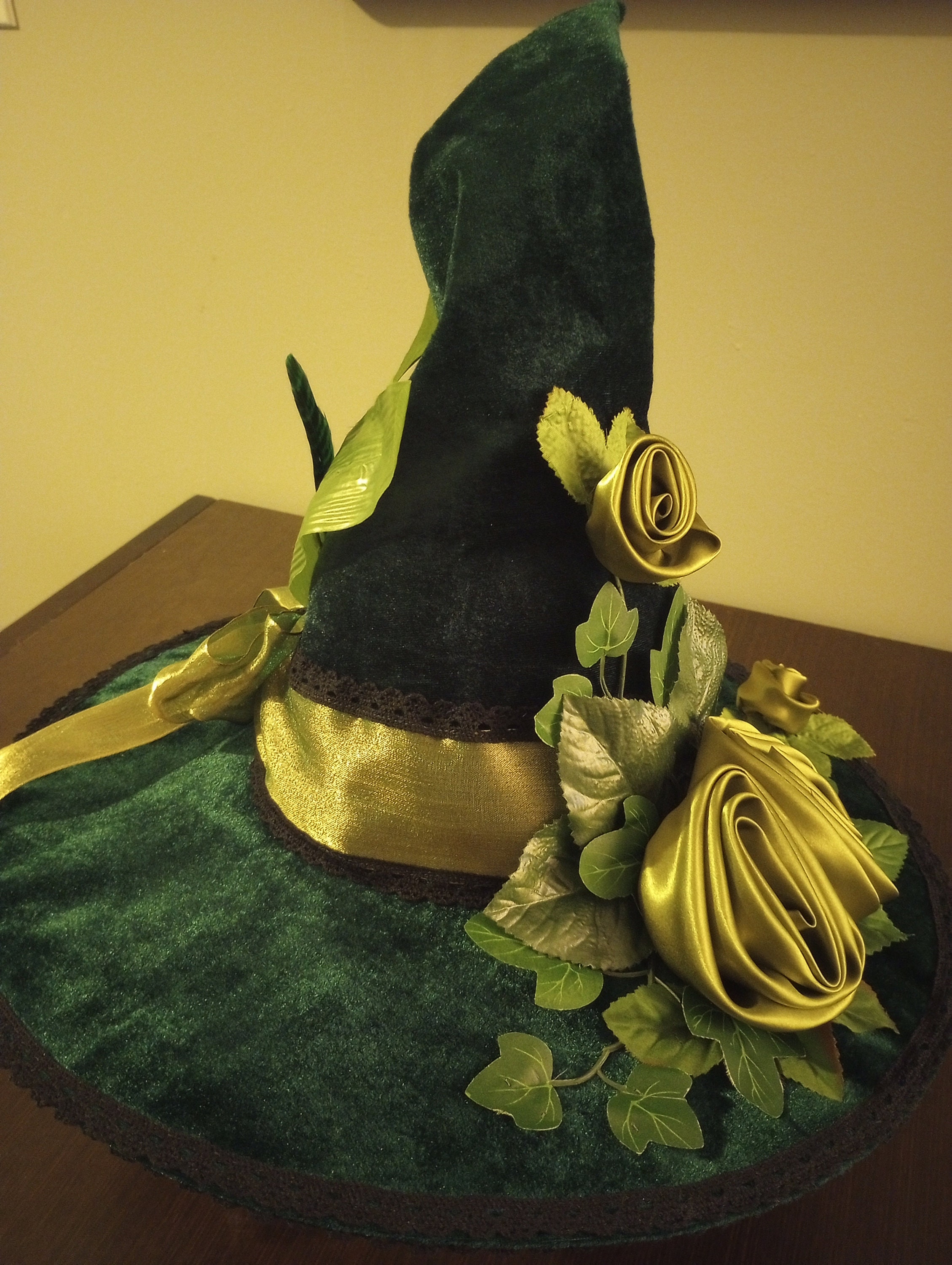 Velvet Green and Gold Ladies Wizard Garden Witch Fairy Hat Hand Sewn Ladies Velvet Celtic Green Fairy Wizard Witch Hat  main image 2