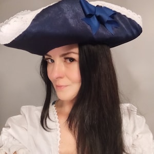 Blue Satin and White Ribbon Pirate Hat (Venetian, Baroque, Edwardian, Cosplay, Victorian, Regency, Piratecore, Steampunk, Marie Antoinette)