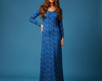 1970s blue/gold vintage retro paisley maxi dress, 12/14