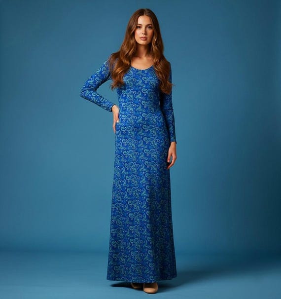1970s blue/gold vintage retro paisley maxi dress, 12/14 1970s blue/gold vintage retro paisley maxi dress, 12/14