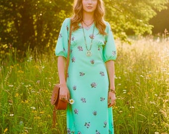 Grön 70-tals vintage retro blommig hippie/boho klänning