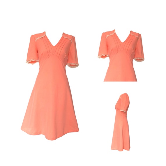 1970's vintage retro peach day midi dress, skater… - image 1