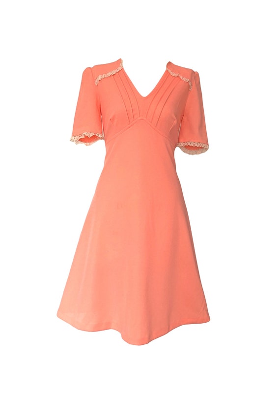 1970's vintage retro peach day midi dress, skater… - image 2