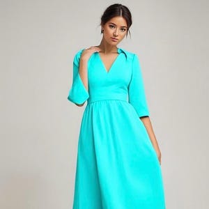 1970er Jahre Vintage Retro Aqua Blau ausgestattet Maxi Kleid, S, 6