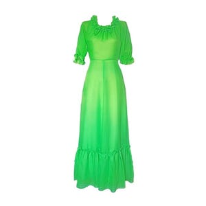 70&#39;s Vintage Grass Green, Floaty, Frilly, Chiffon Maxi Dress
