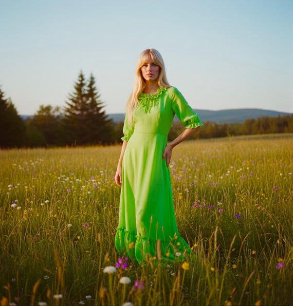 70's Vintage Grass Green, Floaty, Frilly, Chiffon Maxi Dress - Etsy