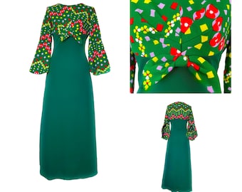 70s vintage green floral retro maxi dress