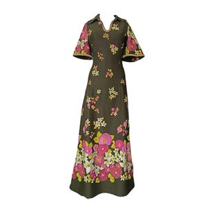 1970s green/brown/pink floral vintage retro maxi dress, customized, gold trim