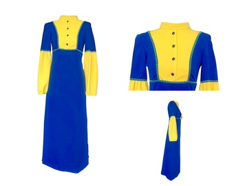 70s vintage blue/yellow retro maxi dress