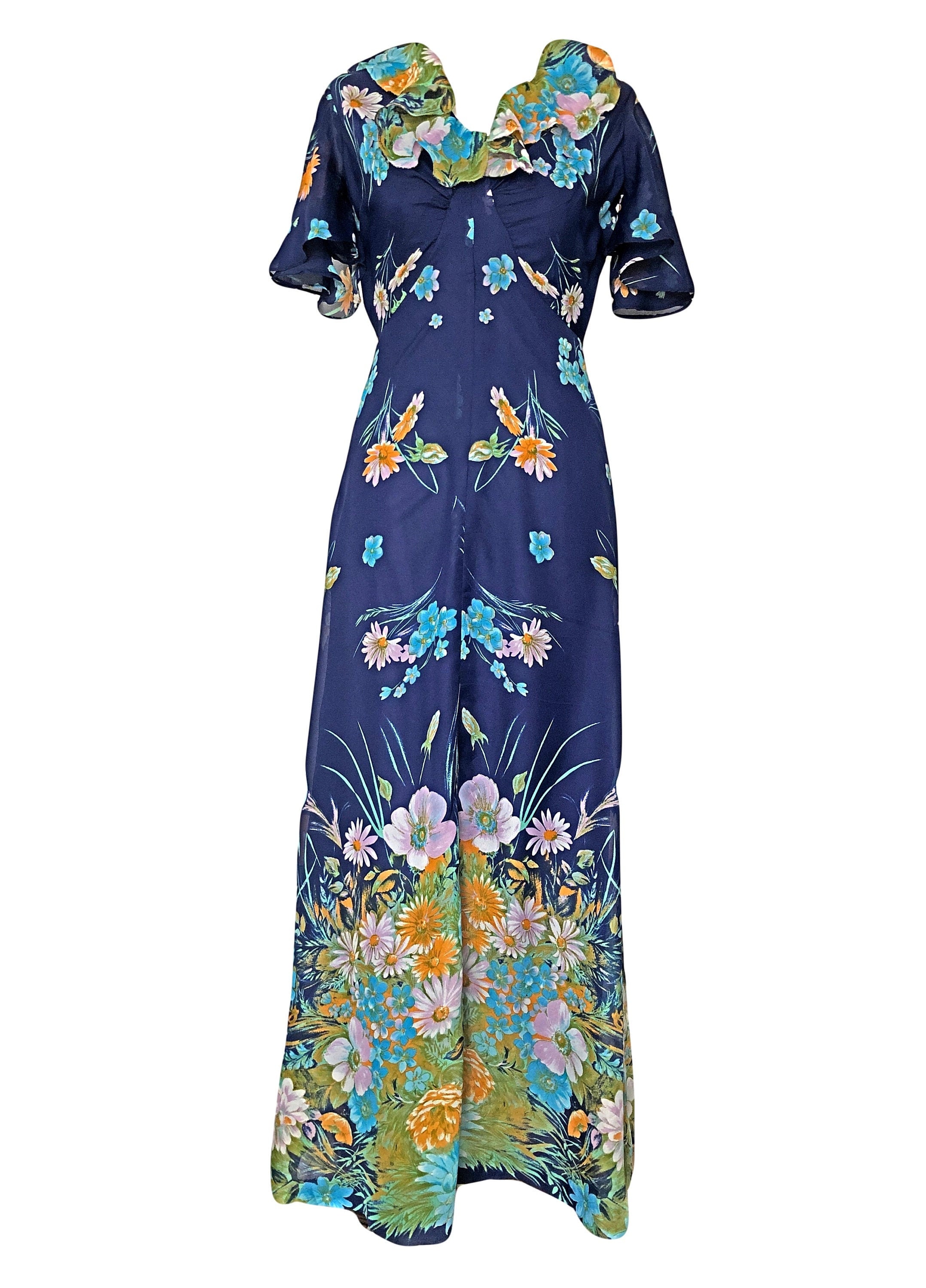 Midnight Blue Floral 1970s Vintage Chiffon Maxi Dress | Etsy UK