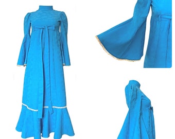 Turquoise blue 70s vintage retro petite boho maxi dress, bell sleeves, 6