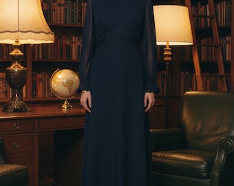 Vestido largo azul marino con apliques retro de los años 70, talla 8