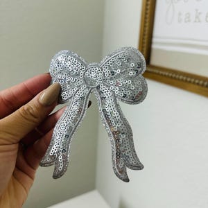 May include: A silver sequined bow with a large center loop and two long tails. The bow is made of small, shiny sequins.