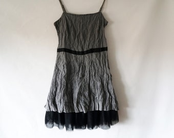 Vintage Spaghetti Strap Sleeveless Midi Gray Black Dress, Made in Italy