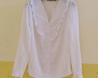 Chemisier boutonné semi-transparent vintage Boho Chemisier long blanc Chemisier à manches longues à volants