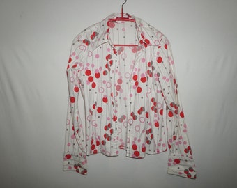 Vintage White Red  Pink Long Sleeve Button Down Shirt Blouse, Size 36