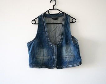 Vintage 80’s womans jean vest, Brand Gina benotti, Size Italian 46, Cotton Vest with Metallic Rivet