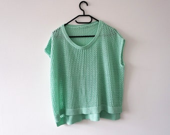 Vintage Oversize Green Loose Knit Sleeveless Sweater Top