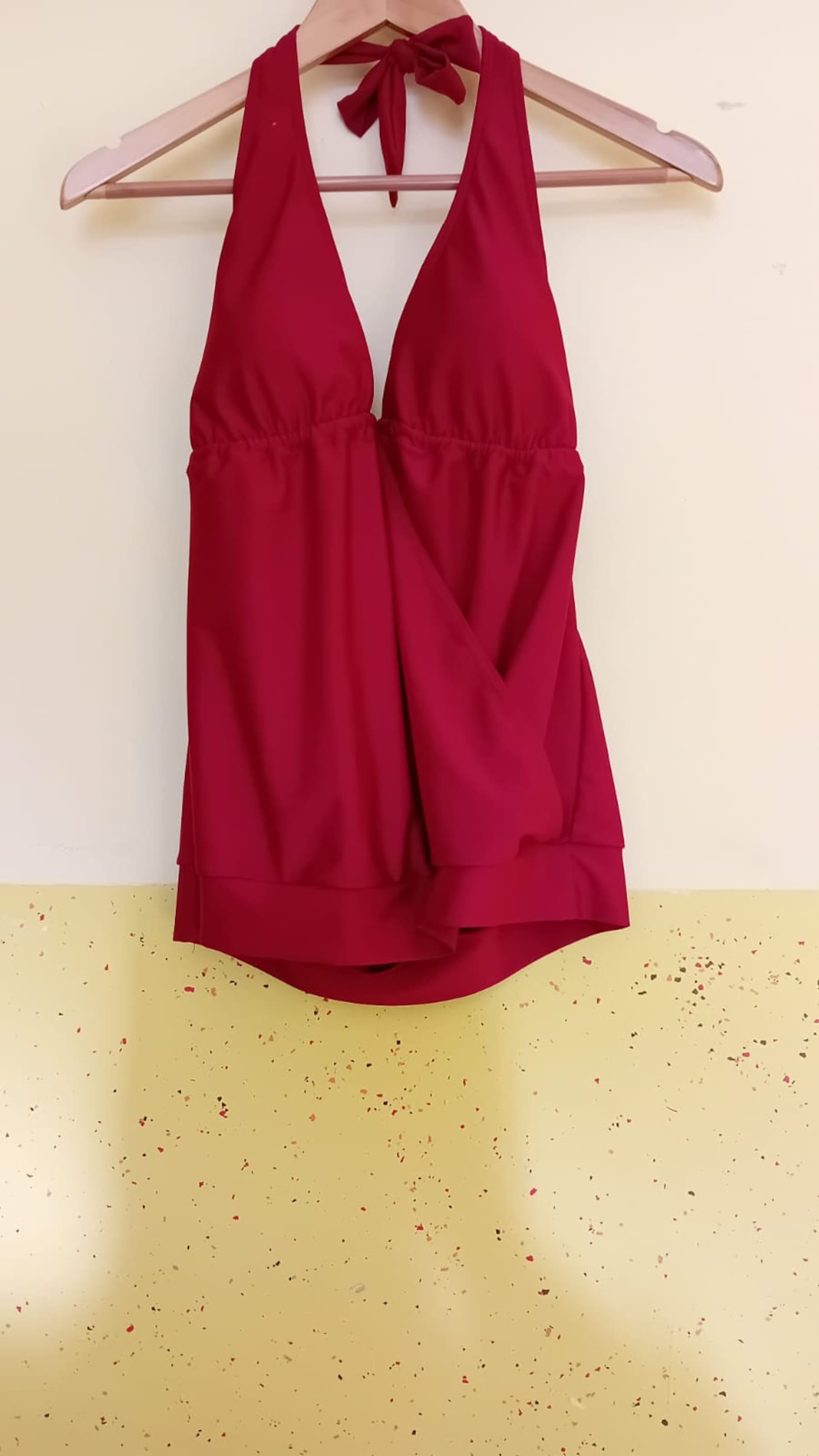 Red Vintage Plaid Hanky Hem Cinched Bikini Tankini Top