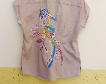 Vintage Beige Buttondown Shirt Blouse Bird Embroidery Pattern Shirt Made in India