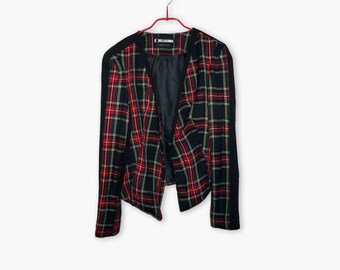 Vintage Skotch Blazer Anzug; Vintage Blazer; karierter Blazer; rot und schwarz; Grunge; schwarzer Samt, gepolsterte Schultern, Größe 38