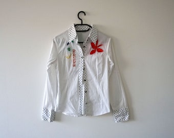 Vintage White and Rainbow Blouse Size L 1990 s