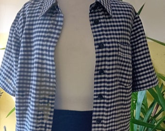 Vintage Blue and White Plaid Silk Shirt Blouse Made in Yugoslavia Custommade