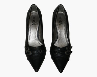 Black Pointed Toe Pumps Black Leather Buckle Shoes