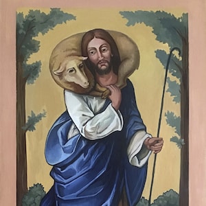 Jesus brings home the missing lamb. Religious painting.