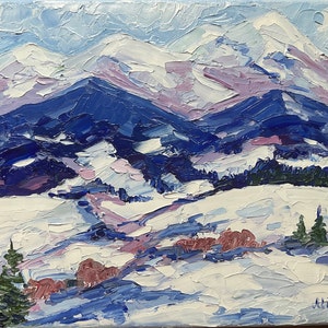 Winter Mountain Oil Painting: Snowy Landscape Impasto (12x9.5 in)