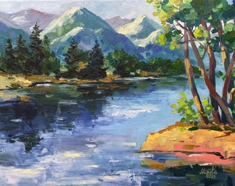 Mountain Lake Oil Painting: Impasto Landscape Art, 12x16 in
