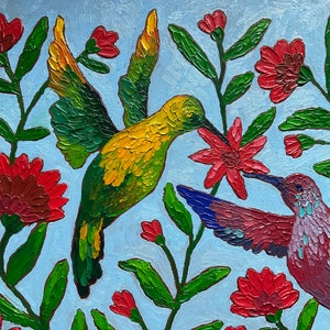 Pajarito Colibrí. Cuadro original con colibríes y flores, pintura al óleo como regalo. dos pajaritos