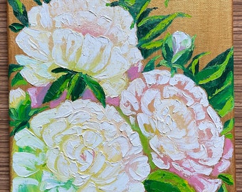 Peonies Oil Painting: Impasto Floral Bouquet, malarstwo szpachelką (24x30)