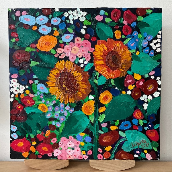 Flowers sunflowers Original art of painting Flowers Small picture Impasto 10 by 10 inches