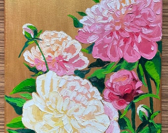 Peonie Dipinti Floreali Arte Originale Fiore Dipinto a Olio Impasto Piccola Opera d'Arte 24x30 di MikitaMeriAR