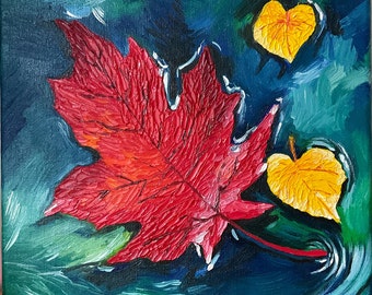 Autumn painting painting with a lake, modern art impressionism, paintings with autumn leaves, small paintings 8 by 8 inches