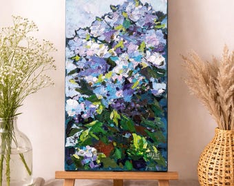 Original Blue Hydrangea Oil Painting | Textured Palette Knife Floral Art (60x30 cm)