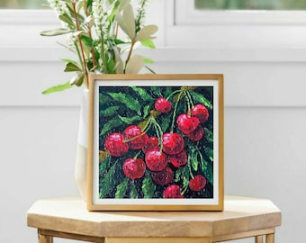 Pintura al óleo de cerezo: arte abstracto de pared, pequeño bodegón original de cocina.