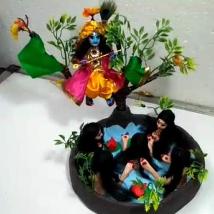 Beautiful handmade exhibit of Krishna with Gopi - Jal Kreeda - Krishna Leela - Handmade devotional handicrafts from Arya Creations
