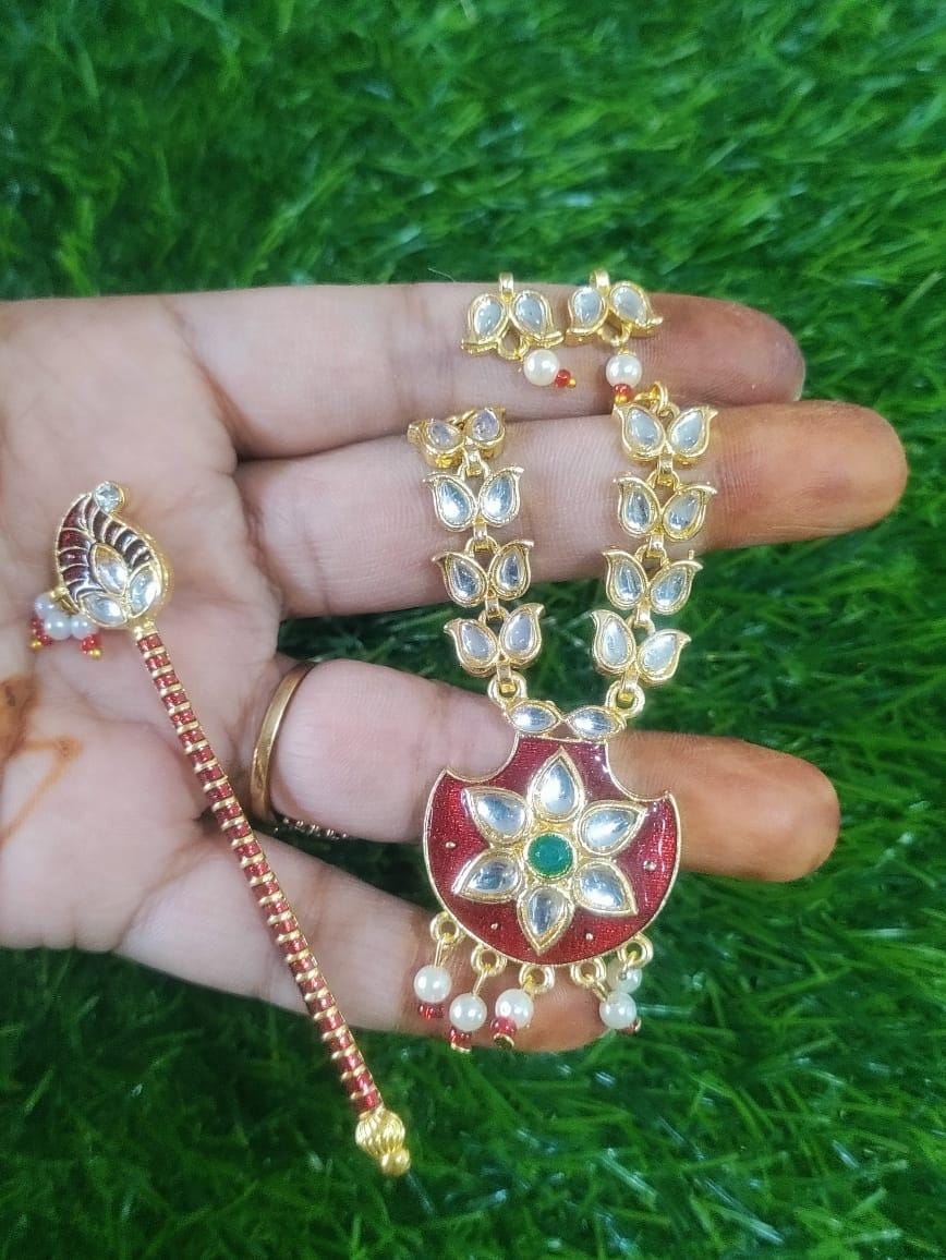 Kundan and Pearl Jewellery set for Laddu Gopal Ji and Krishna Statue - Handmade deity jewellery from Arya Creations