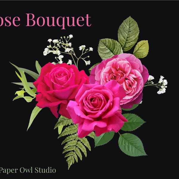 Magenta Rose Bouquet, Fuchsia Flowers, Hot Pink Roses Floral Clipart, Floral Arrangements , Wedding Frames, Vintage Wedding Clipart PNG