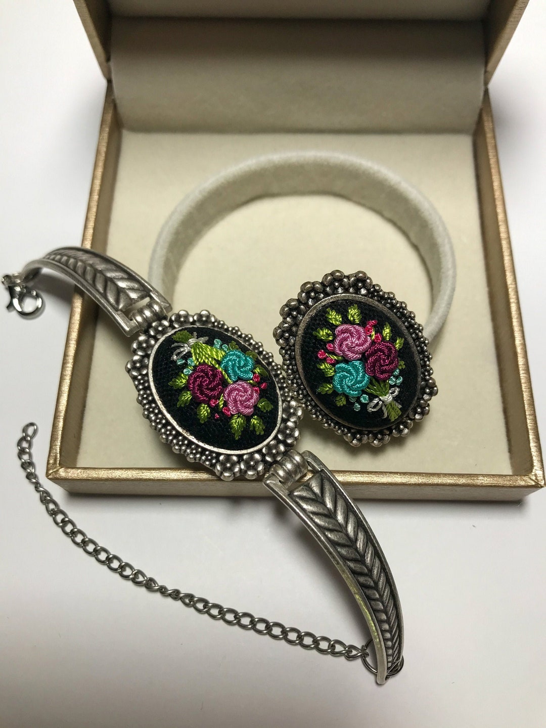 Embroidered Letherette Hand Embroidered Floral Bracelet Ring Set, Red Blue Pink Rose, in Gold ...